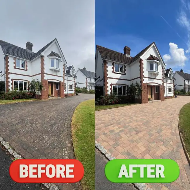 Driveway before and after pressure washing by Bright Homes